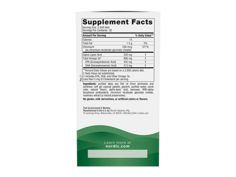 Nordic Naturals Omega Metabolic Blend with ALA and Chromium – 60 Soft Gels Supplement Facts panel