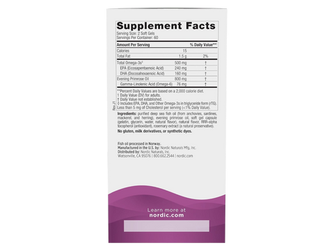 Nordic Naturals Omega Woman Evening Primrose and Fish Oil – 120 Softgels Supplement Facts panel