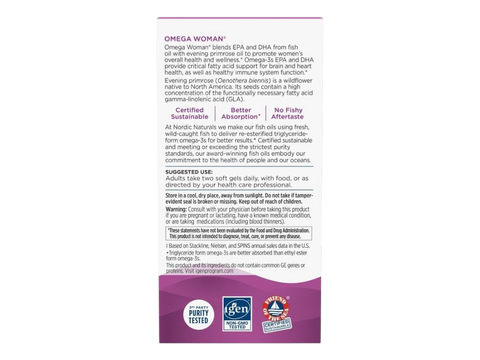 Nordic Naturals Omega Woman Evening Primrose and Fish Oil – 120 Softgels bottle back label with product information
