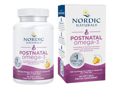 Nordic Naturals Postnatal Omega-3 with Vitamin D3 bottle & box, lemon flavour, 60 soft gels.