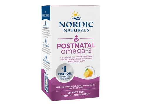 Nordic Naturals Postnatal Omega-3 with Vitamin D3 box, lemon flavour, 60 soft gels.