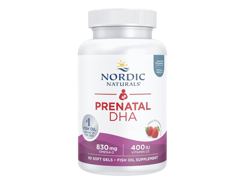 Nordic Naturals Prenatal DHA 830mg Omega-3 and Vitamin D3 Softgels – 90 Strawberry Softgels bottle angled view