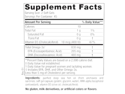 Nordic Naturals Prenatal DHA 830mg Omega-3 and Vitamin D3 Softgels – 90 Softgels Supplement Facts panel