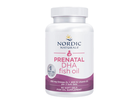 Nordic Naturals Prenatal DHA 830mg Omega-3 and Vitamin D3 Softgels – 90 Softgels bottle angled view