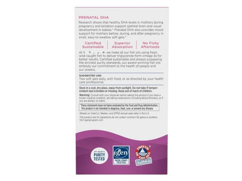 Nordic Naturals Prenatal DHA 830mg Omega-3 and Vitamin D3 Softgels –Softgels suggested use and directions panel