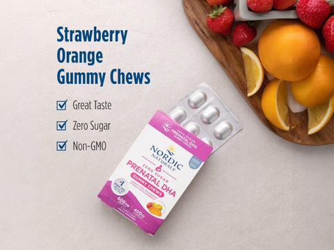 Nordic Naturals Prenatal DHA Gummies Zero Sugar Strawberry Orange – 27 Gummies box back label with product information