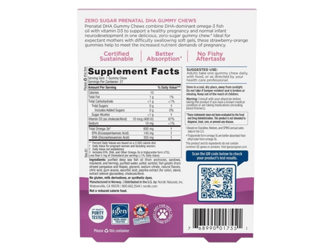 Nordic Naturals Prenatal DHA Gummies Zero Sugar Strawberry Orange – 27 Gummies product barcode on box packaging
