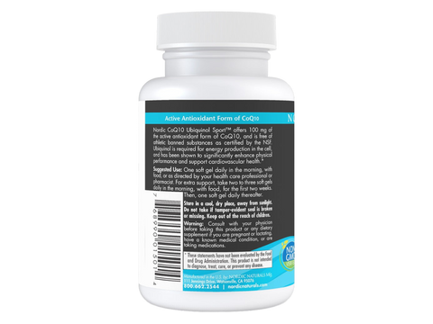 Nordic Naturals Ubiquinol Sport 100mg NSF Certified CoQ10 – 60 Softgels product barcode on bottle packaging