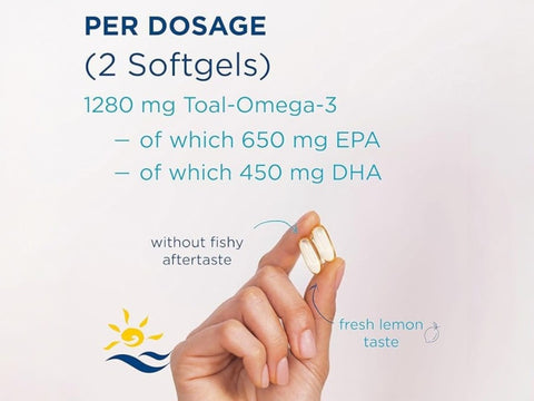 Nordic Naturals Ultimate Omega-3 Lemon 1280mg Omega-3 Fish Oil Softgels – 60 Softgels suggested use and directions panel
