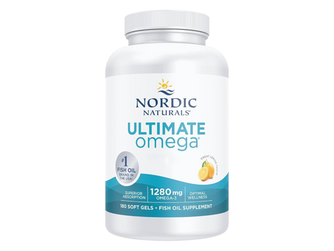Nordic Naturals Ultimate Omega-3 Lemon 1280mg Omega-3 Fish Oil Softgels – 180 Softgels bottle angled view