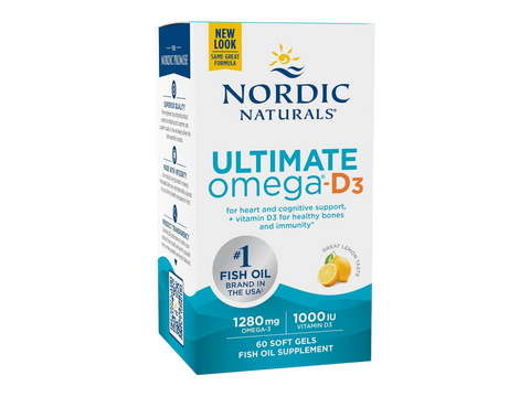 Nordic Naturals Ultimate Omega-D3 1280mg Omega-3 + 1000 IU D3 Lemon Softgels – 60 Softgels bottle front label