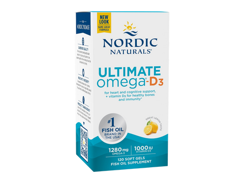 Nordic Naturals Ultimate Omega-D3 1280mg Omega-3 + 1000 IU D3 Lemon Softgels – 120 Softgels bottle front label