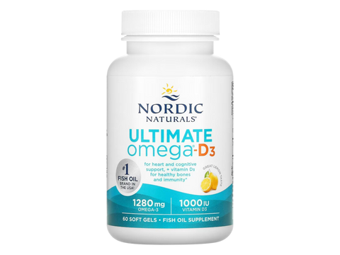 Nordic Naturals Ultimate Omega-D3 1280mg Omega-3 + 1000 IU D3 Lemon Softgels – 60 Softgels bottle angled view