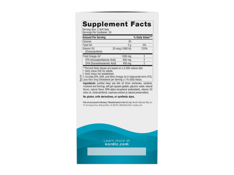 Nordic Naturals Ultimate Omega-D3 1280mg Omega-3 + 1000 IU D3 Lemon Softgels – 60 Softgels Supplement Facts panel