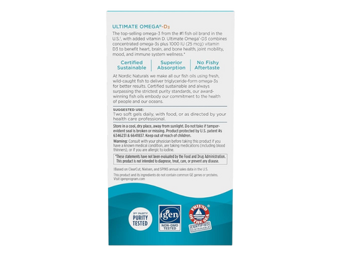 Nordic Naturals Ultimate Omega-D3 1280mg Omega-3 + 1000 IU D3 Lemon Softgels – 60 Softgels bottle back label with product information
