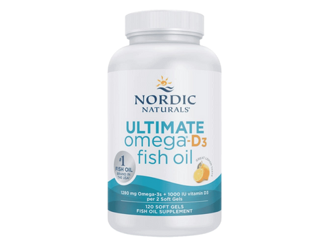 Nordic Naturals Ultimate Omega-D3 1280mg Omega-3 + 1000 IU D3 Lemon Softgels – 120 Softgels bottle angled view