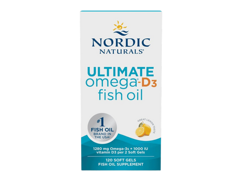 Nordic Naturals Ultimate Omega-D3 1280mg Omega-3 + 1000 IU D3 Lemon Softgels – 120 Softgels bottle front label