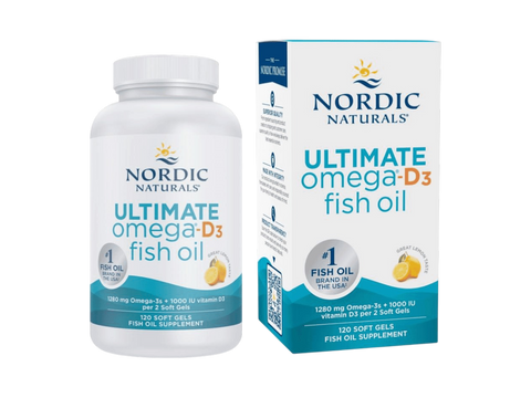 Nordic Naturals Ultimate Omega-D3 1280mg Omega-3 + 1000 IU D3 Lemon Softgels – 120 Softgels bottle front label