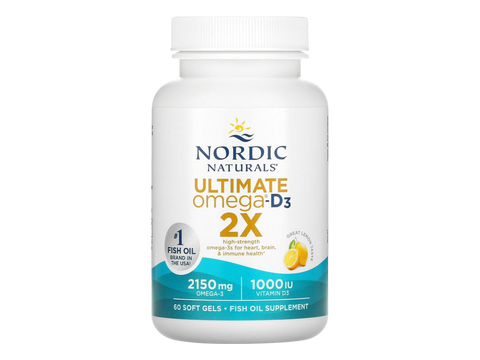 Nordic Naturals Ultimate Omega 2X 2150mg Omega-3 + 1000 IU D3 Lemon Softgels – 60 Softgels bottle angled view
