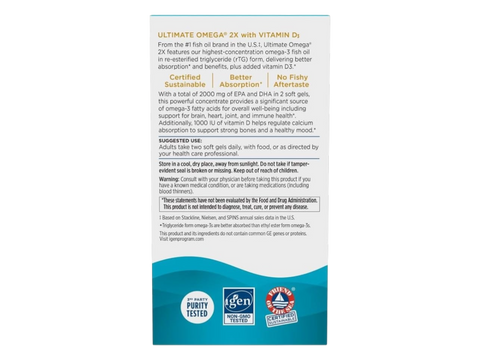Nordic Naturals Ultimate Omega 2X 2150mg Omega-3 + 1000 IU D3 Lemon Softgels – 60 Softgels bottle back label with product information