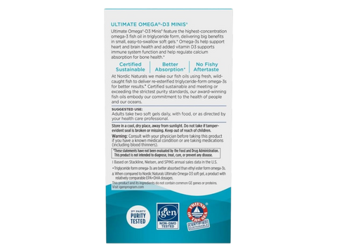 Supplement facts label for Ultimate Omega D3 mini gels.