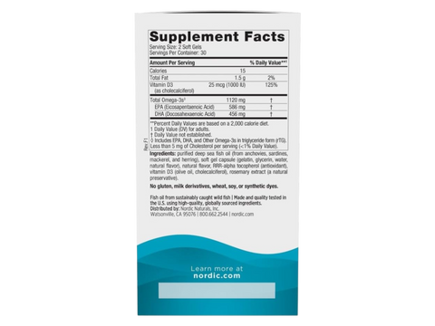 Supplement facts label for Ultimate Omega D3 mini gels.