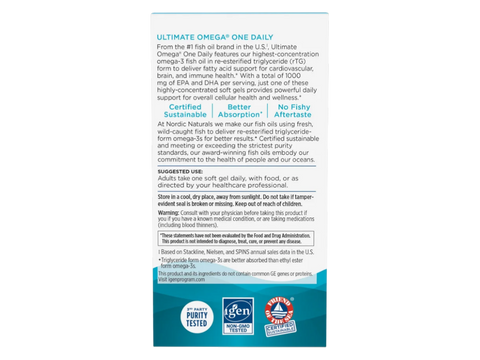 Supplement facts label for one-daily omega-3 soft gel.