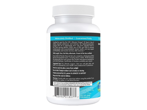 Nordic Naturals Ultimate Omega Sport 2X 2150mg Omega-3 Lemon – 60 Softgels bottle back label with product information