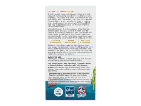 Nordic Naturals Ultimate Omega Teen Soft Gels 1120mg Omega-3 – 60 Soft Gels bottle back label with product information