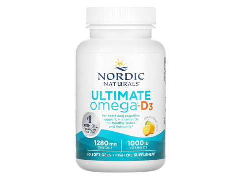 Nordic Naturals Ultimate Omega Xtra 1480mg Omega-3 + 1000 IU D3 Lemon Softgels – 60 Softgels bottle angled view