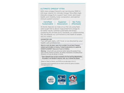 Nordic Naturals Ultimate Omega Xtra 1480mg Omega-3 + 1000 IU D3 Lemon Softgels – 60 Softgels bottle back label with product information