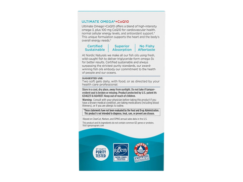 Nordic Naturals Ultimate Omega + CoQ10 1280mg Omega-3 Lemon Softgels – 60 Softgels bottle back label with product information