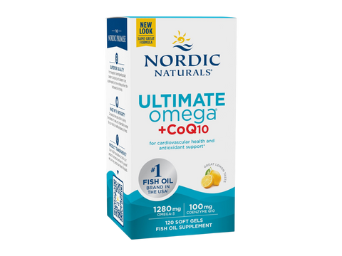 Nordic Naturals Ultimate Omega + CoQ10 1280mg Omega-3 Lemon Softgels – 120 Softgels bottle front label