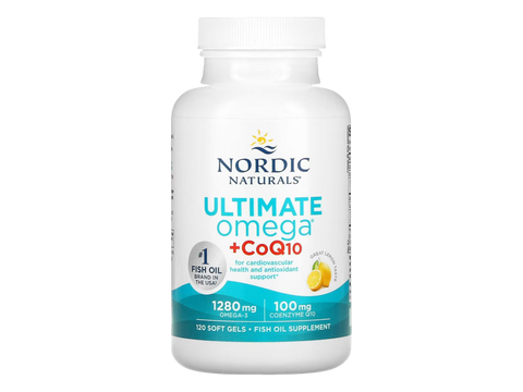 Nordic Naturals Ultimate Omega + CoQ10 1280mg Omega-3 Lemon Softgels – 120 Softgels bottle angled view