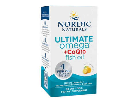 Nordic Naturals Ultimate Omega + CoQ10 1280mg Omega-3 Lemon Softgels – 60 Softgels bottle front label