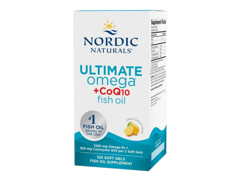 Nordic Naturals Ultimate Omega + CoQ10 1280mg Omega-3 Lemon Softgels – 120 Softgels bottle front label