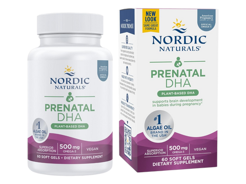 Nordic Naturals Vegan Prenatal DHA 500mg Plant-Based Algae Oil – 60 Softgels bottle front label