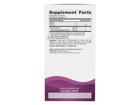 Nordic Naturals Vegan Prenatal DHA 500mg Plant-Based Algae Oil – 60 Softgels Supplement Facts panel