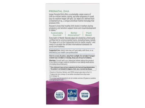 Nordic Naturals Vegan Prenatal DHA 500mg Plant-Based Algae Oil – 60 Softgels bottle back label with product information