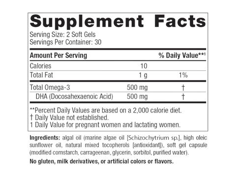 Nordic Naturals Vegan Prenatal DHA 500mg Plant-Based Algae Oil – 60 Softgels Supplement Facts panel