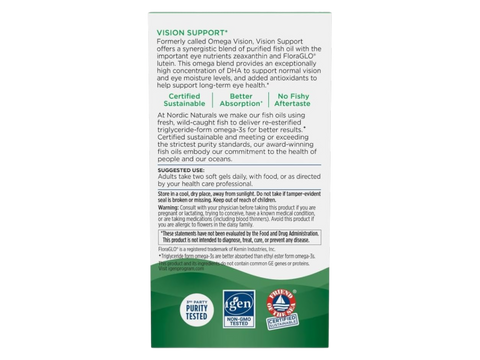 Supplement facts and ingredients list for vision support formula.