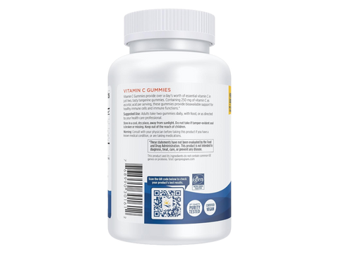 Supplement facts label for vegan Vitamin C gummies, dosage instructions and barcode