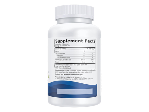 Supplement facts label for vegan Vitamin C gummies, dosage instructions