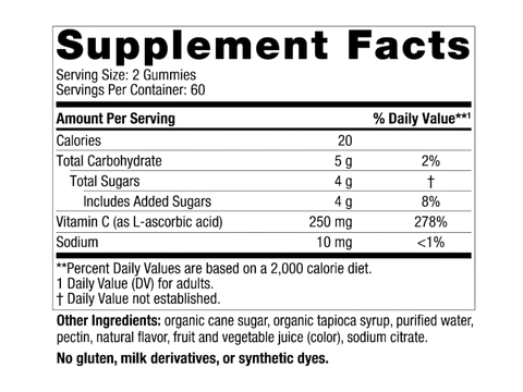 Supplement facts label for vegan Vitamin C gummies, dosage instructions