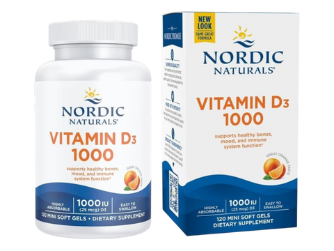 Nordic Naturals Vitamin D3 1000 IU Orange Flavour Mini Softgels – 120 Mini Softgels bottle front label