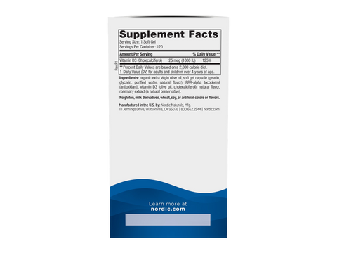 Nordic Naturals Vitamin D3 1000 IU Orange Flavour Mini Softgels – 120 Mini Softgels Supplement Facts panel