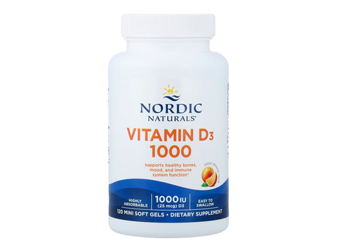 Nordic Naturals Vitamin D3 1000 IU Orange Flavour Mini Softgels – 120 Mini Softgels bottle angled view