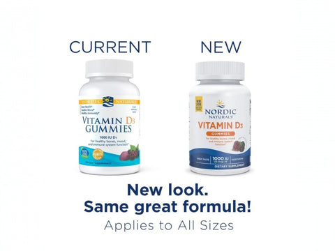 Nordic Naturals Vitamin D3 plus Iron Gummies bottle, Wild Berry flavor, 120 count old & new packaging