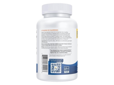 Supplement facts label for Vitamin D3 and Iron gummies, dosage instructions and barcode