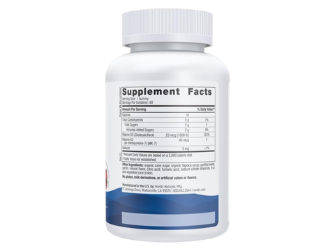 Nordic Naturals Vitamin D3 + K2 Gummies 1000 IU Pomegranate – 60 Gummies Supplement Facts panel